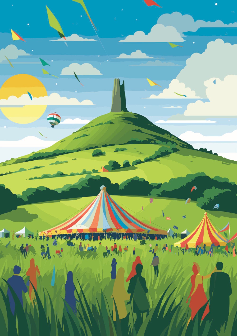 Personalisable Glastonbury Tor Print - A4 A3 A2 - Inspired Glasto Festival Poster - Festival Merch