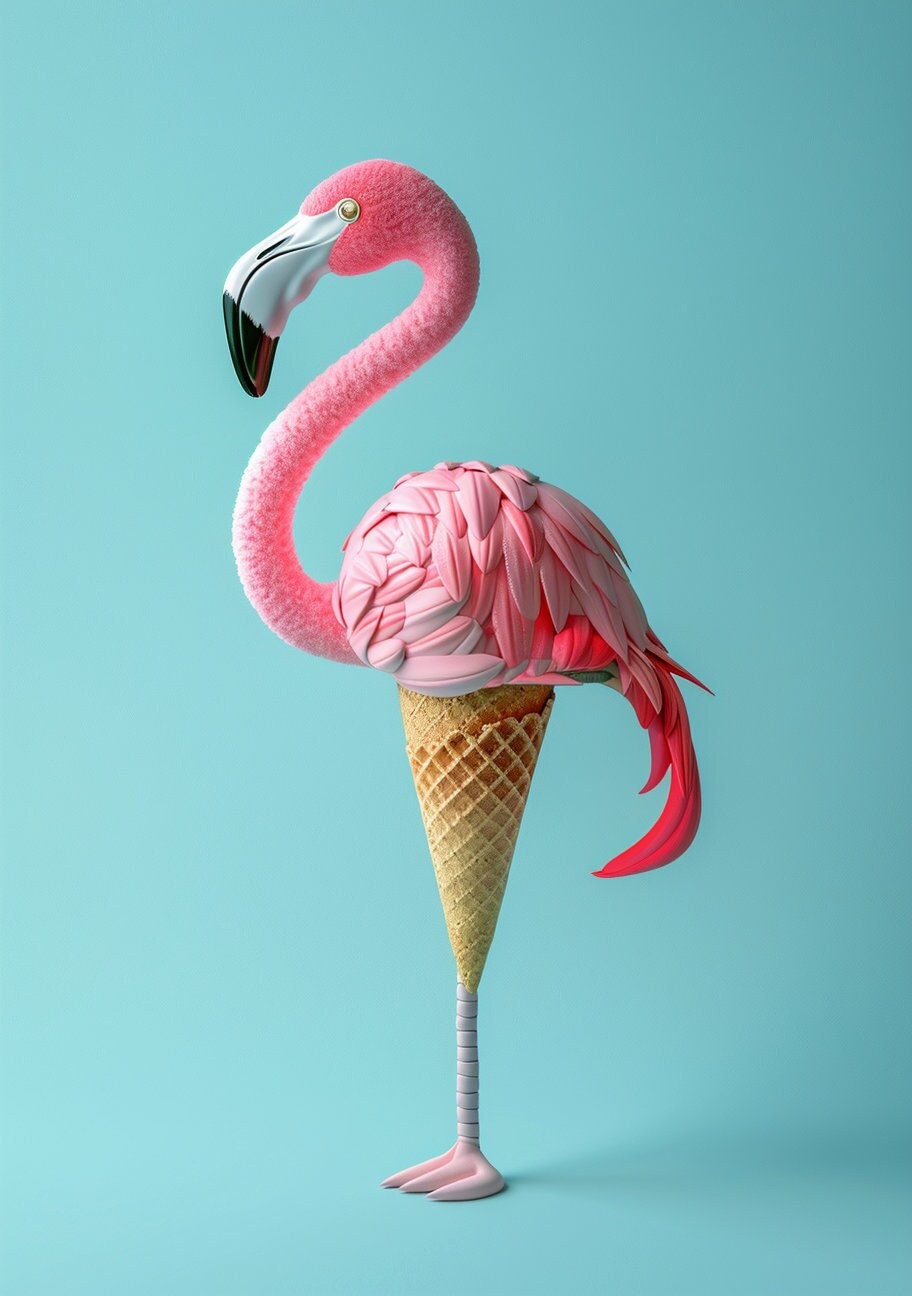 Funny Animal Wall Art Pink Flamingo ice cream and cone - A4 A3 A2 - Festival Merch