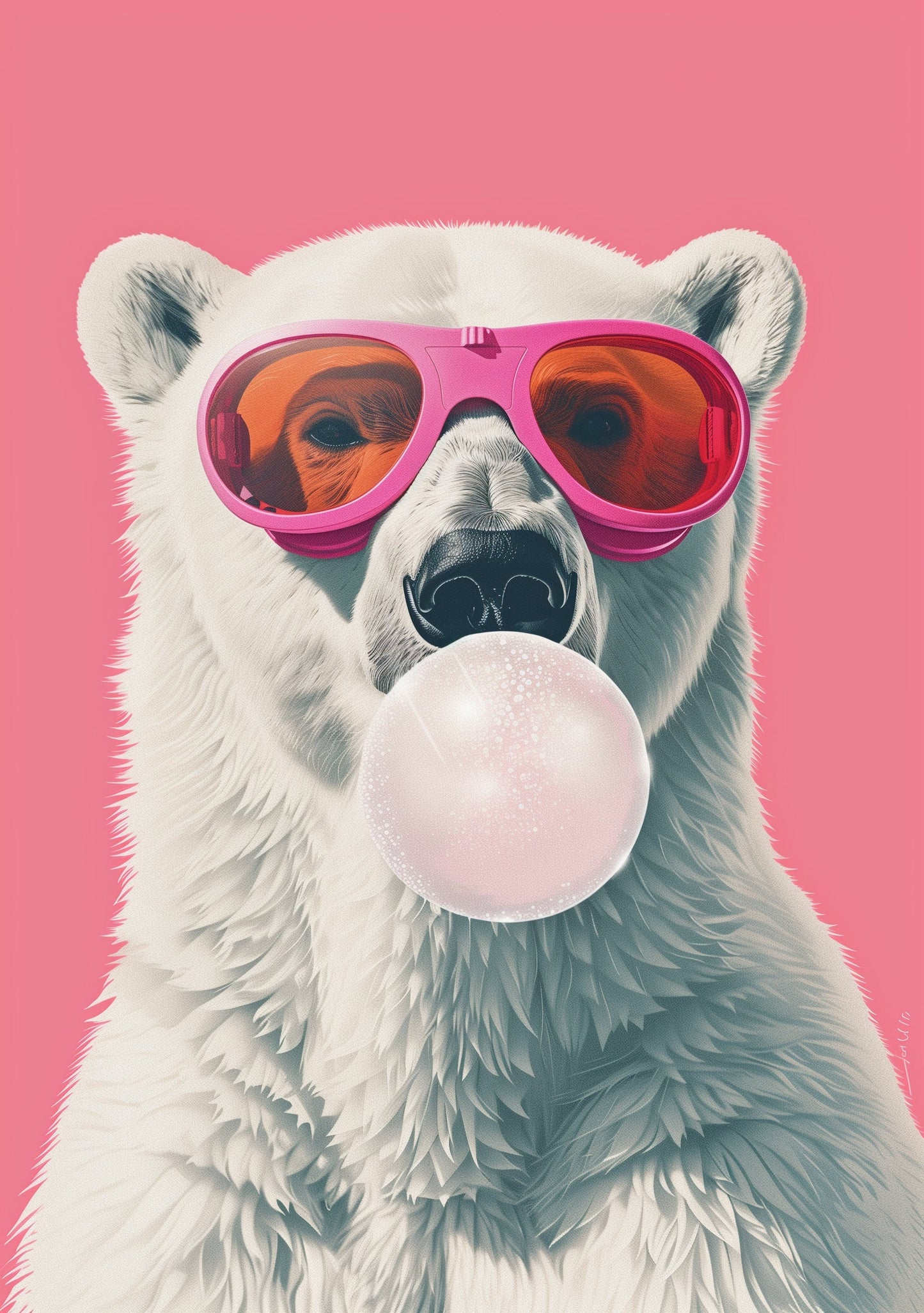 Funny Animal Wall Art Pink Polar bear bubble gum ski goggles party animal - A4 A3 A2 - Festival Merch