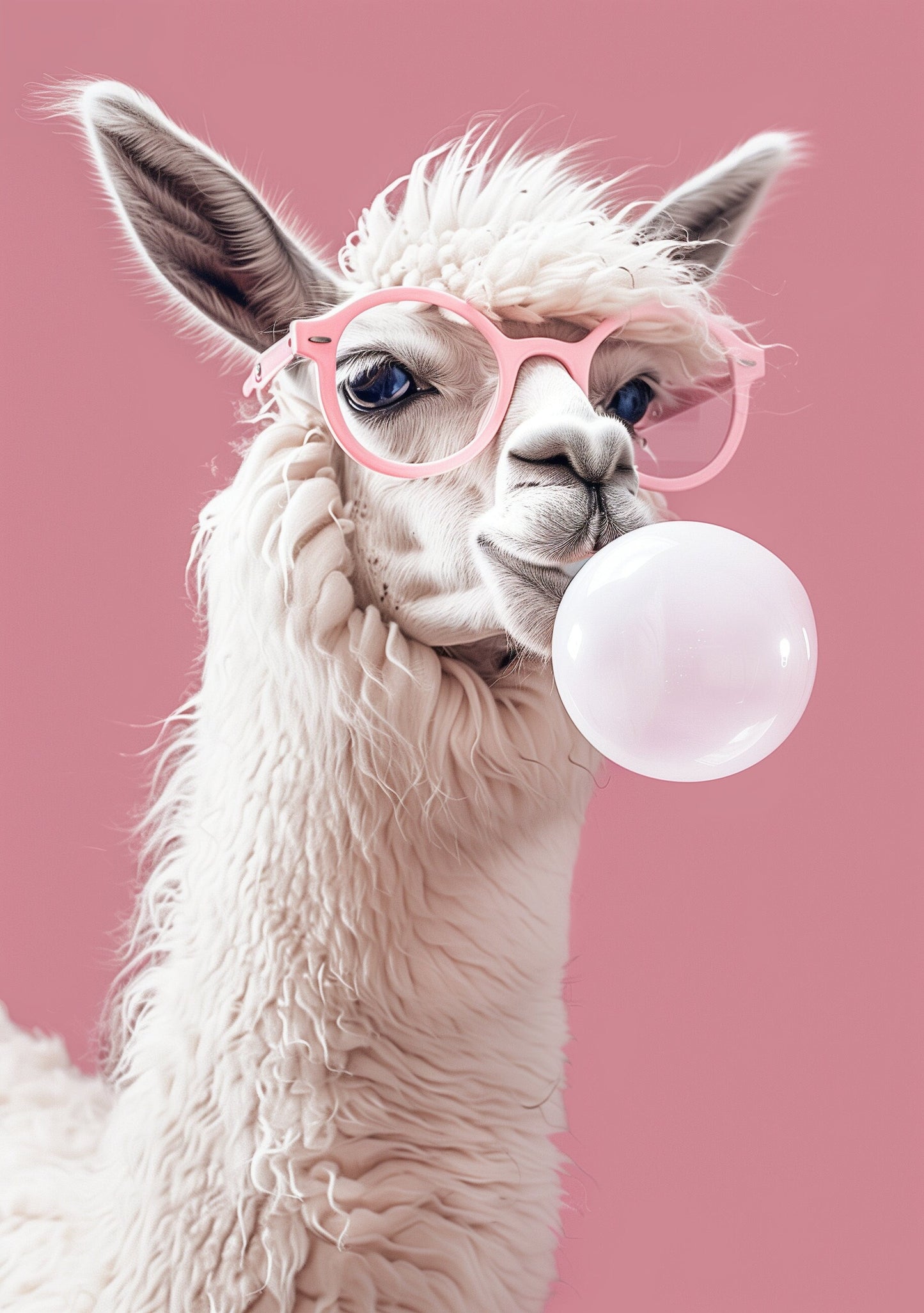 Funny Animal Wall Art Pink Llama bubble gum wearing glasses - A4 A3 A2 - Festival Merch