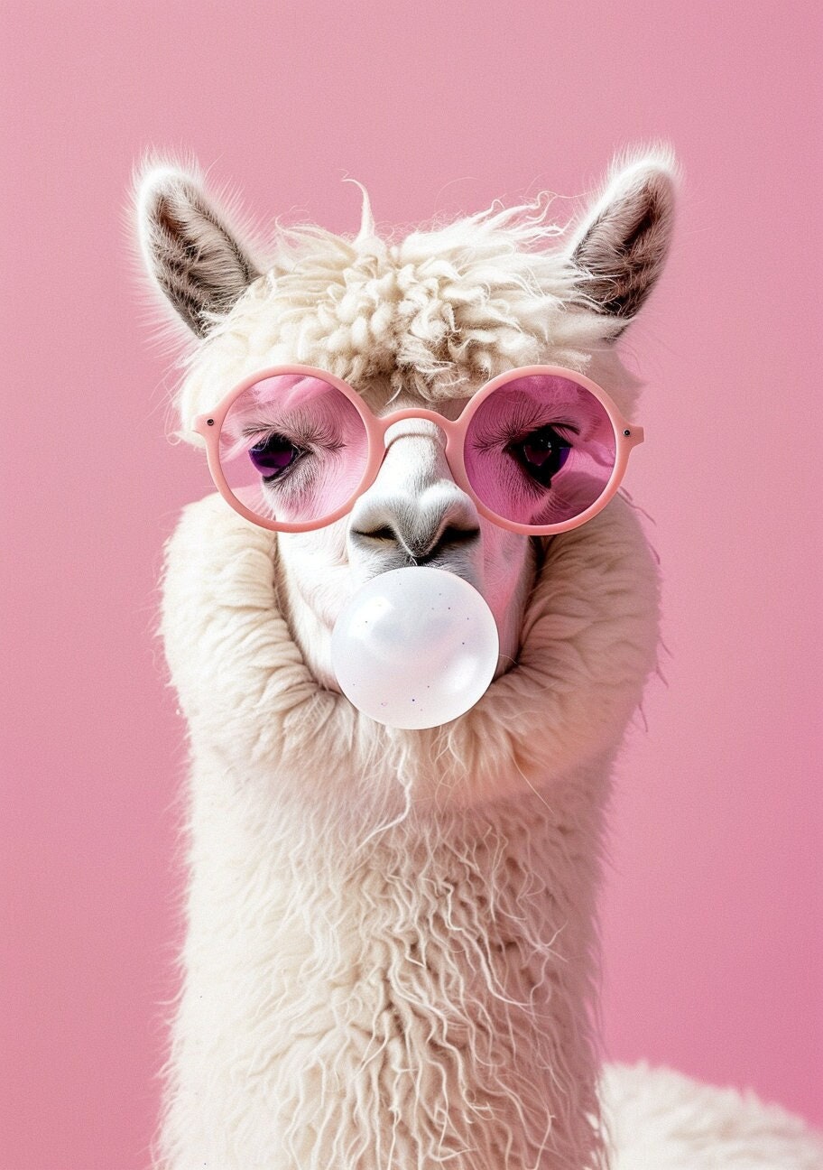 Funny Animal Wall Art Pink Llama bubble gum wearing glasses - A4 A3 A2 - Festival Merch