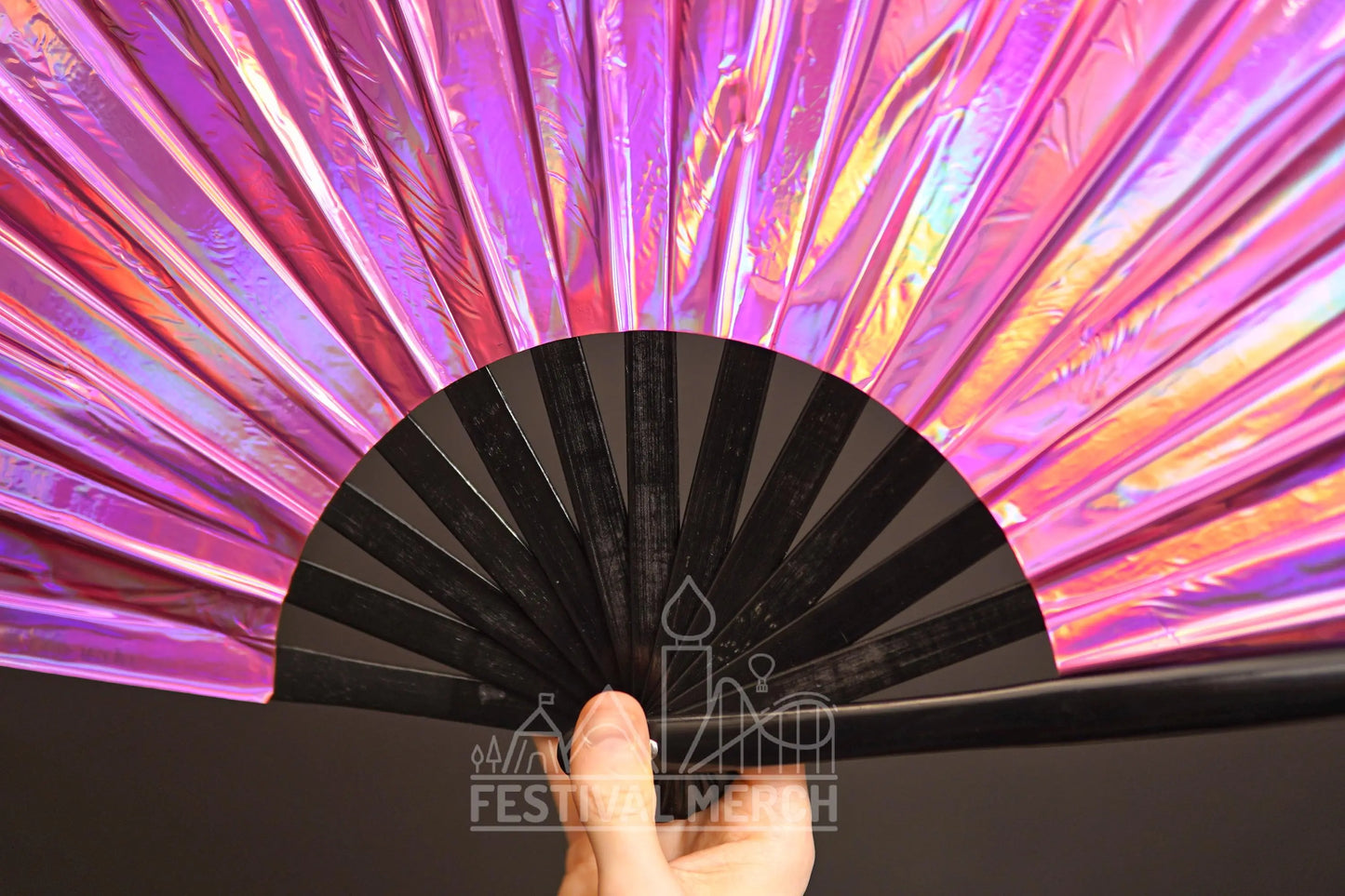 Iridescent Hand Fan XL Bamboo Festival Merch Vinyl Shimmer Clack Fan EDM Rave accessories Pride Festival Holographic Ibiza Holiday