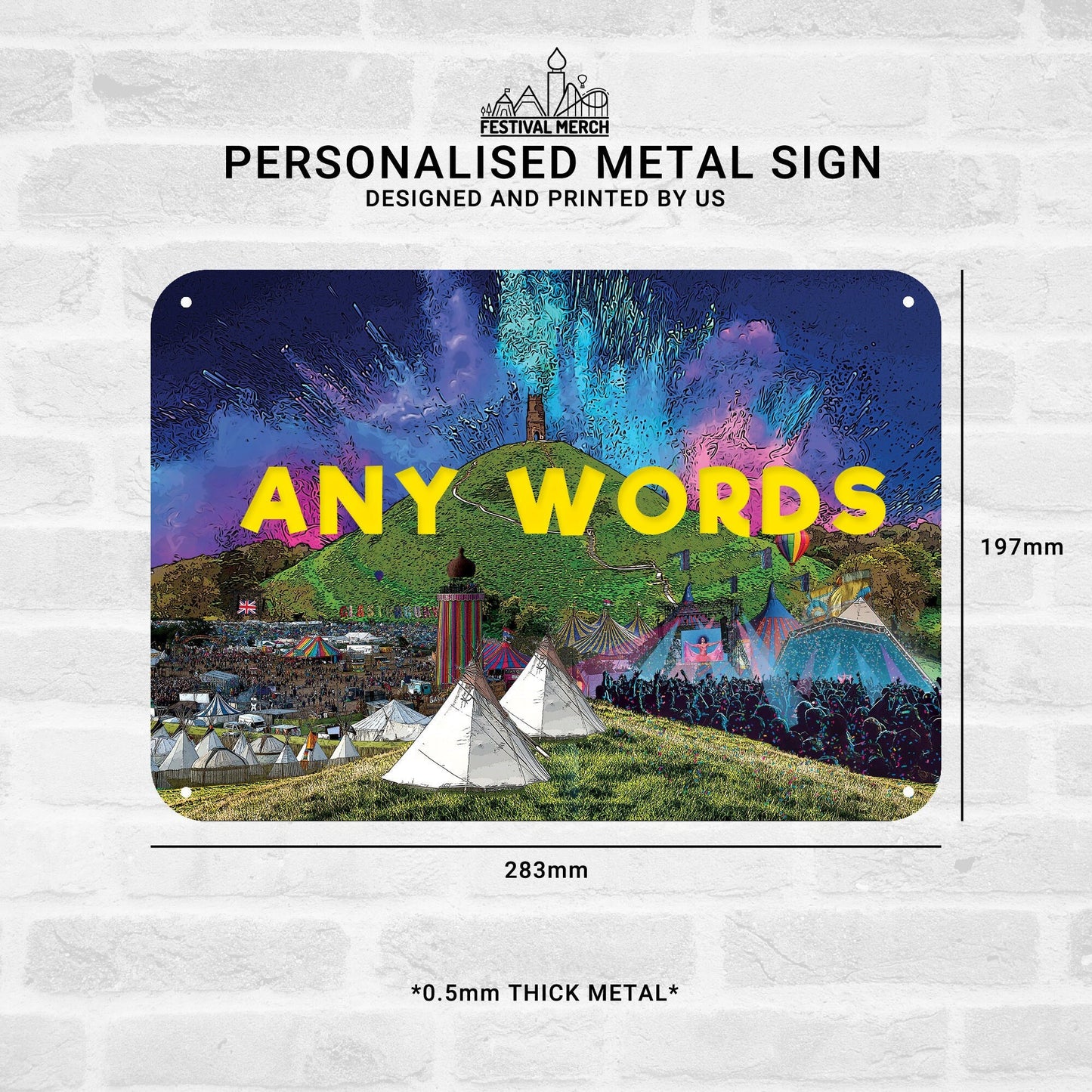 Personalised Music Festival Metal Sign (0.5mm Thick) - customise Words - Glastonbury glasto parklofe download somerset - Festival Merch