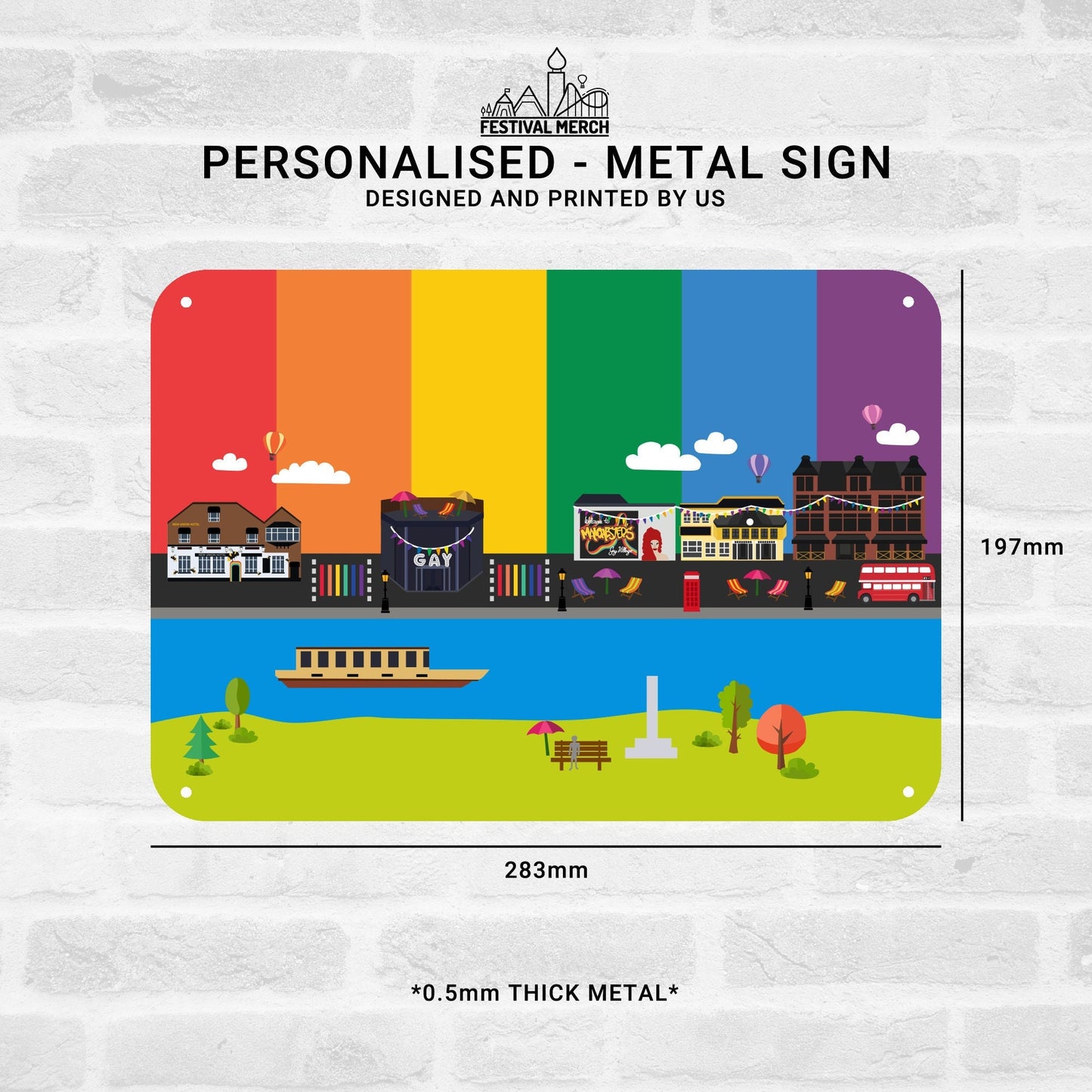 Canal street Manchester - Pride Flag - Metal Sign (Any Words) - Personalise / Customise - Rainbow Flag LGBT UK - Festival Merch