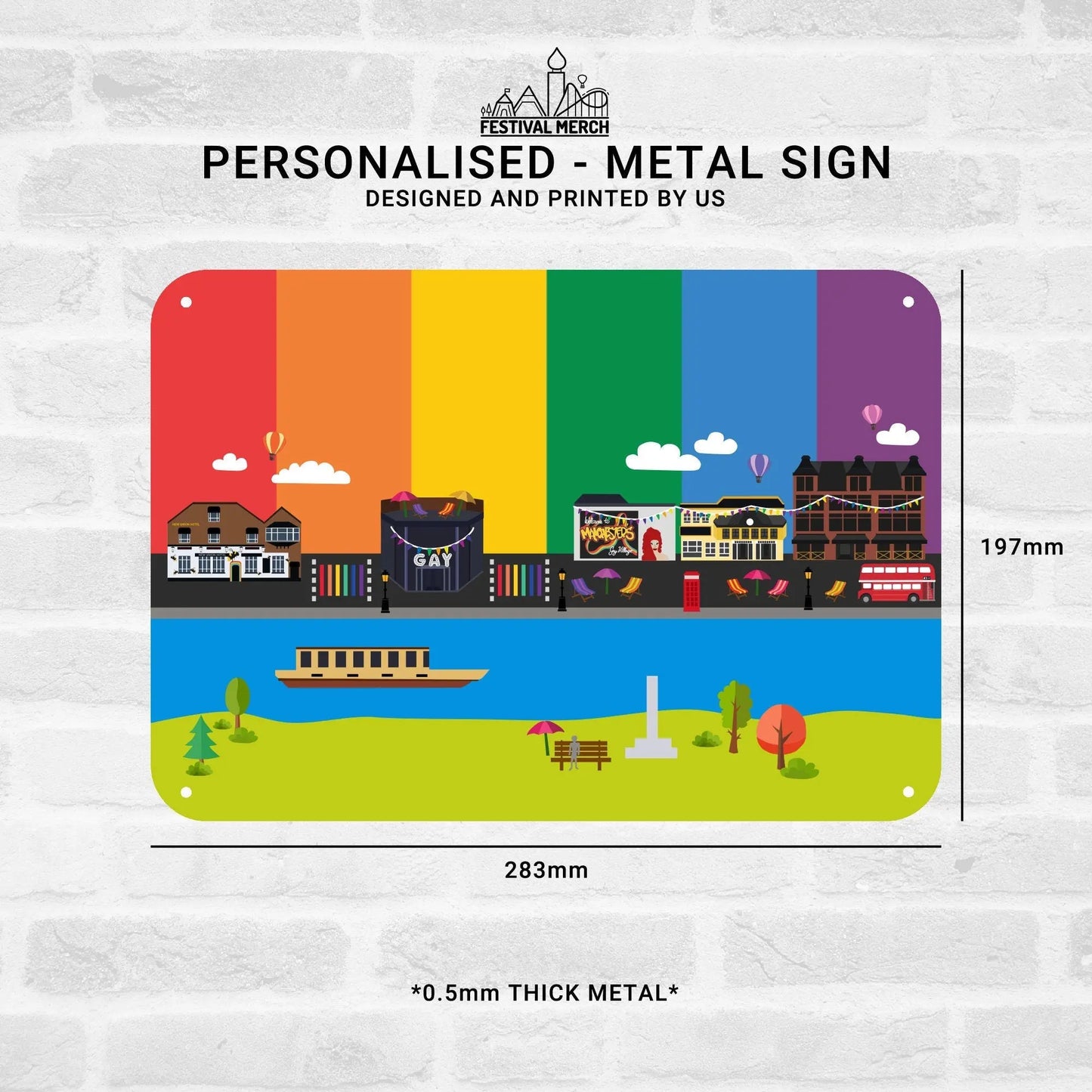 Canal street Manchester - Pride Flag - Metal Sign (Any Words) - Personalise / Customise - Rainbow Flag LGBT UK - Festival Merch