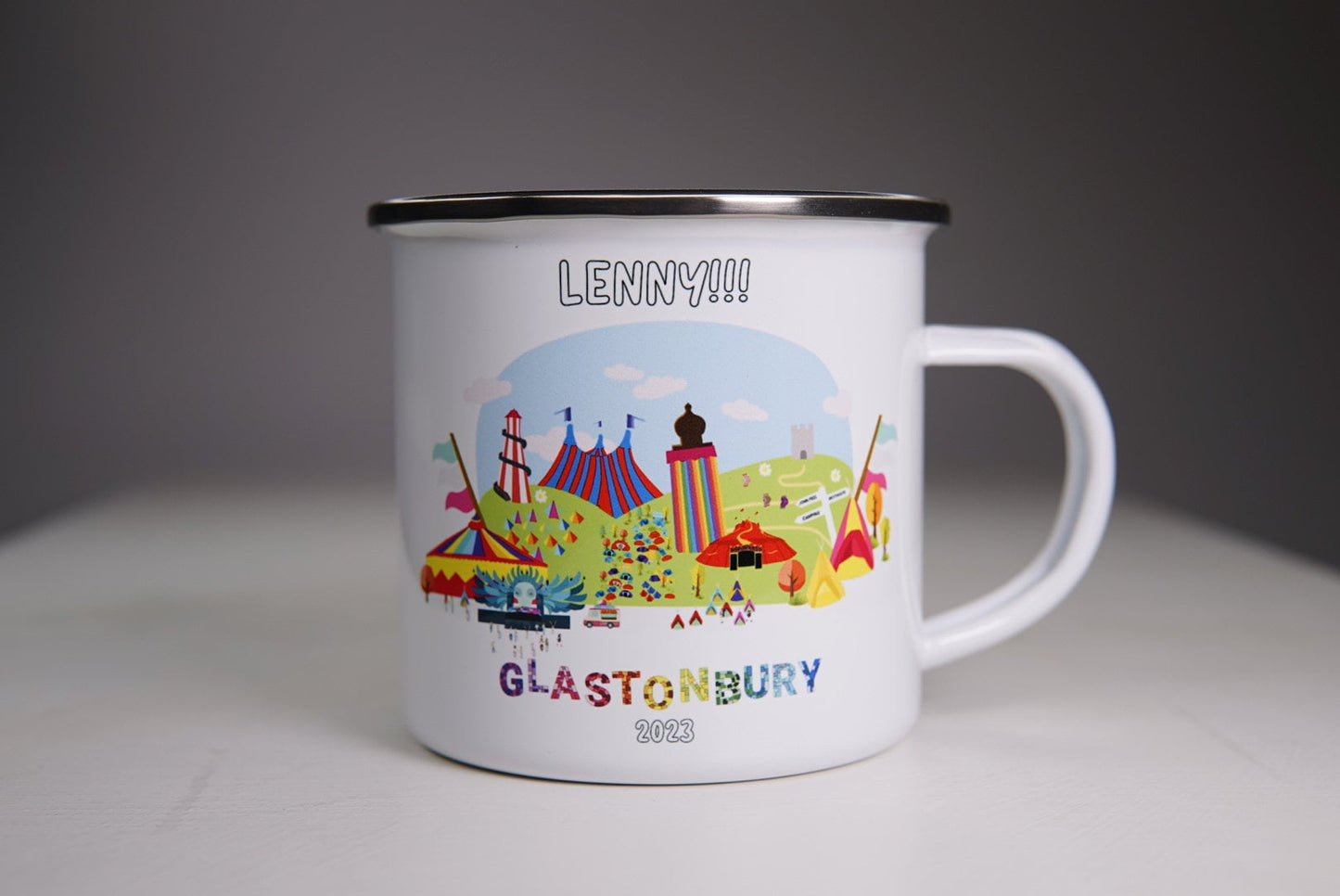Personalised 12oz Camping Mug - (Unofficial) Glastonbury Festival 2023 Inspired - Enamel 350ml White Cup Music Festival Fan Gift Travel Mug