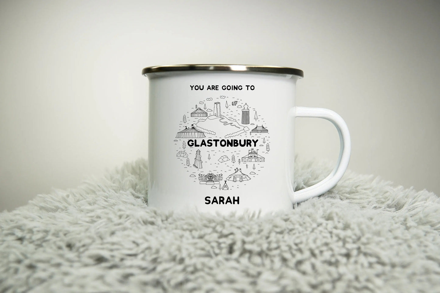 Personalised 12oz Camping Mug - (Unofficial) Glastonbury Festival 2023 Inspired - Enamel 350ml White Cup Music Festival Gift travel mug