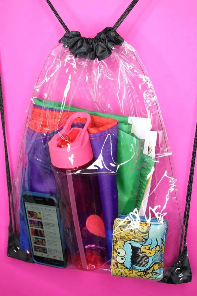 Clear Bag - Draw string Backpack PVC - For light items only - Waterproof easy to clean - Transparent Music Festival stadium school