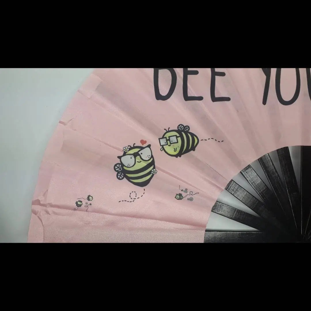 Hand Fan LARGE | Bumble Bee UV Fabric Hand Made - Rose Gold - Light Pink - Cute Bumble bee - Giant hand fan Manchester clack fan