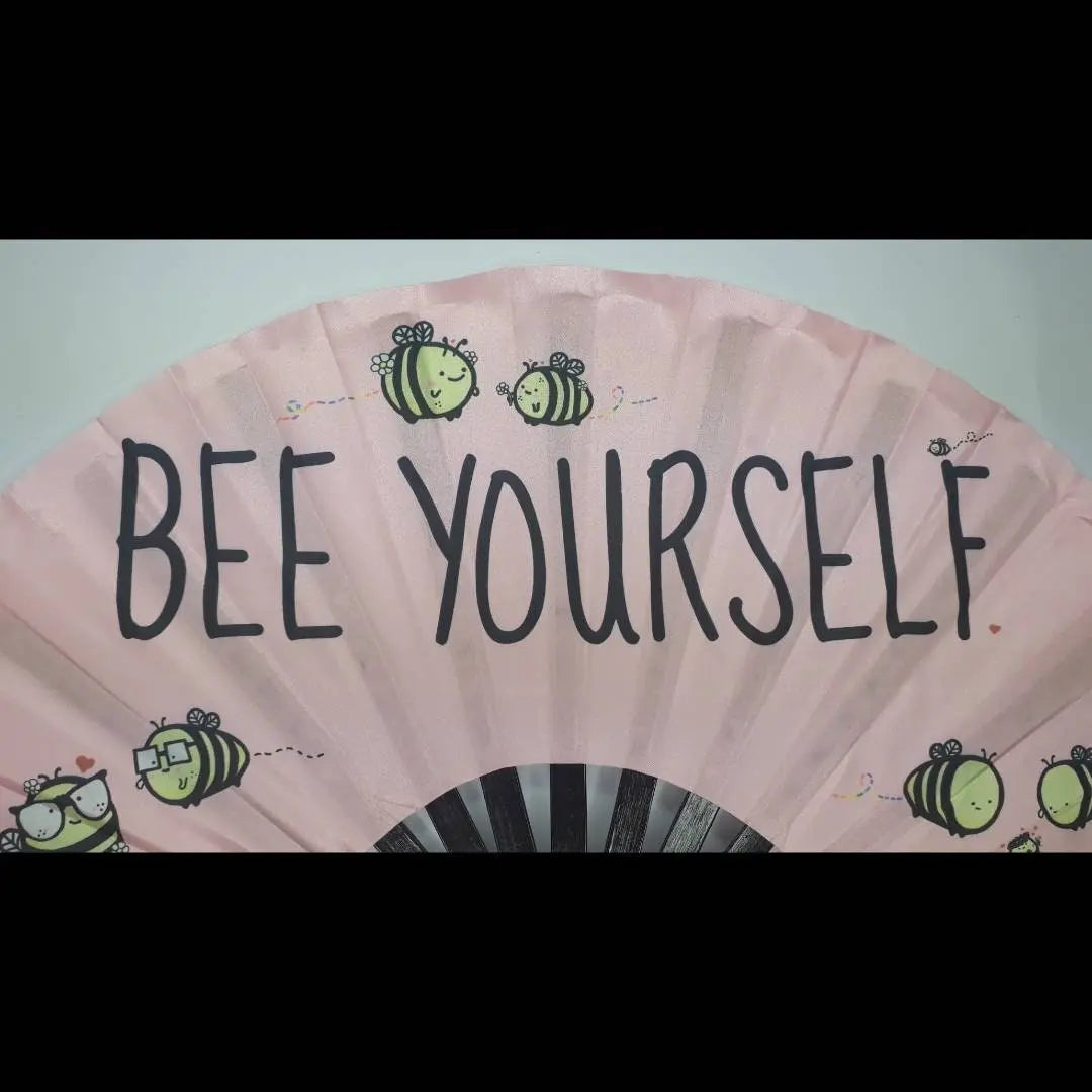 Hand Fan LARGE | Bumble Bee UV Fabric Hand Made - Rose Gold - Light Pink - Cute Bumble bee - Giant hand fan Manchester clack fan