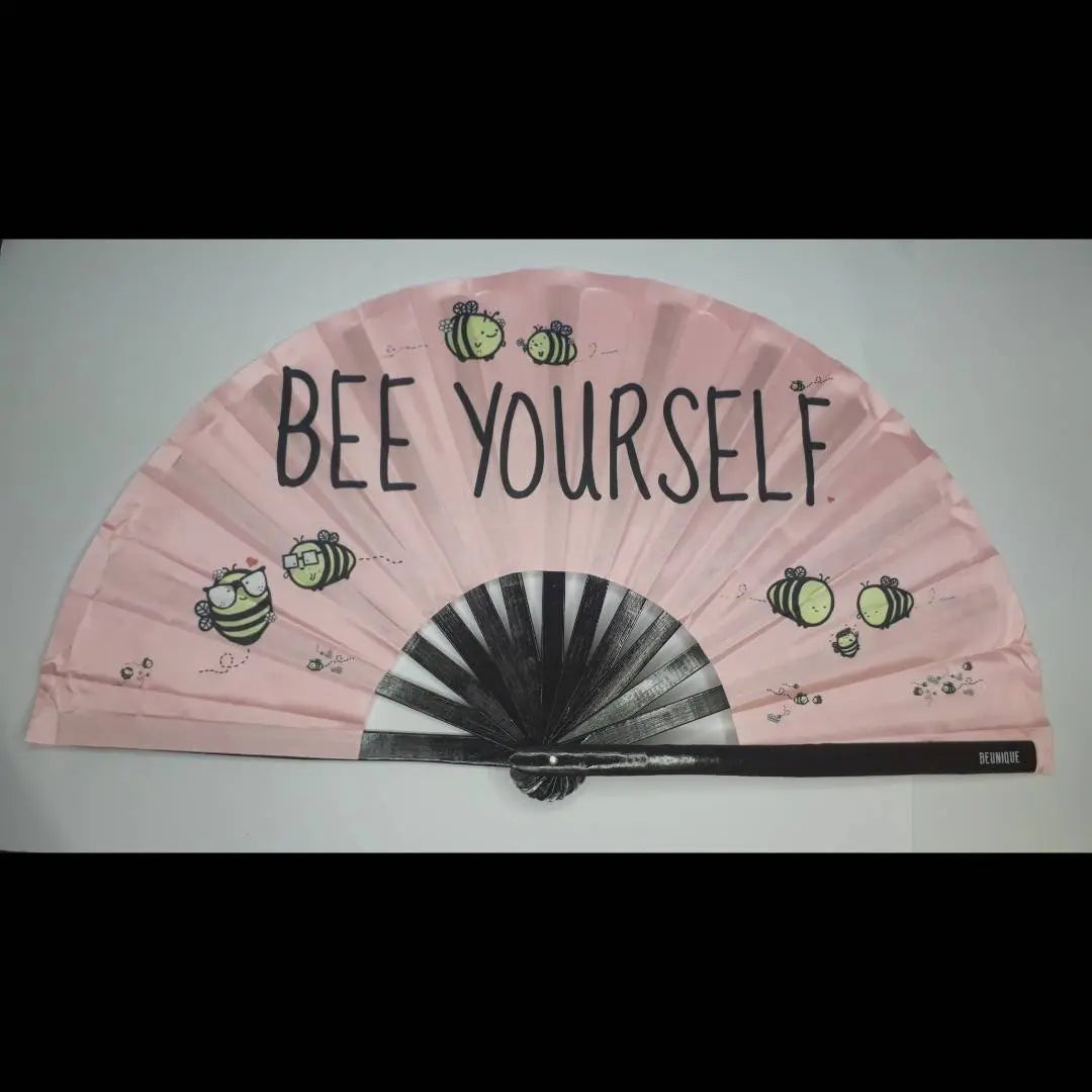 Hand Fan LARGE | Bumble Bee UV Fabric Hand Made - Rose Gold - Light Pink - Cute Bumble bee - Giant hand fan Manchester clack fan
