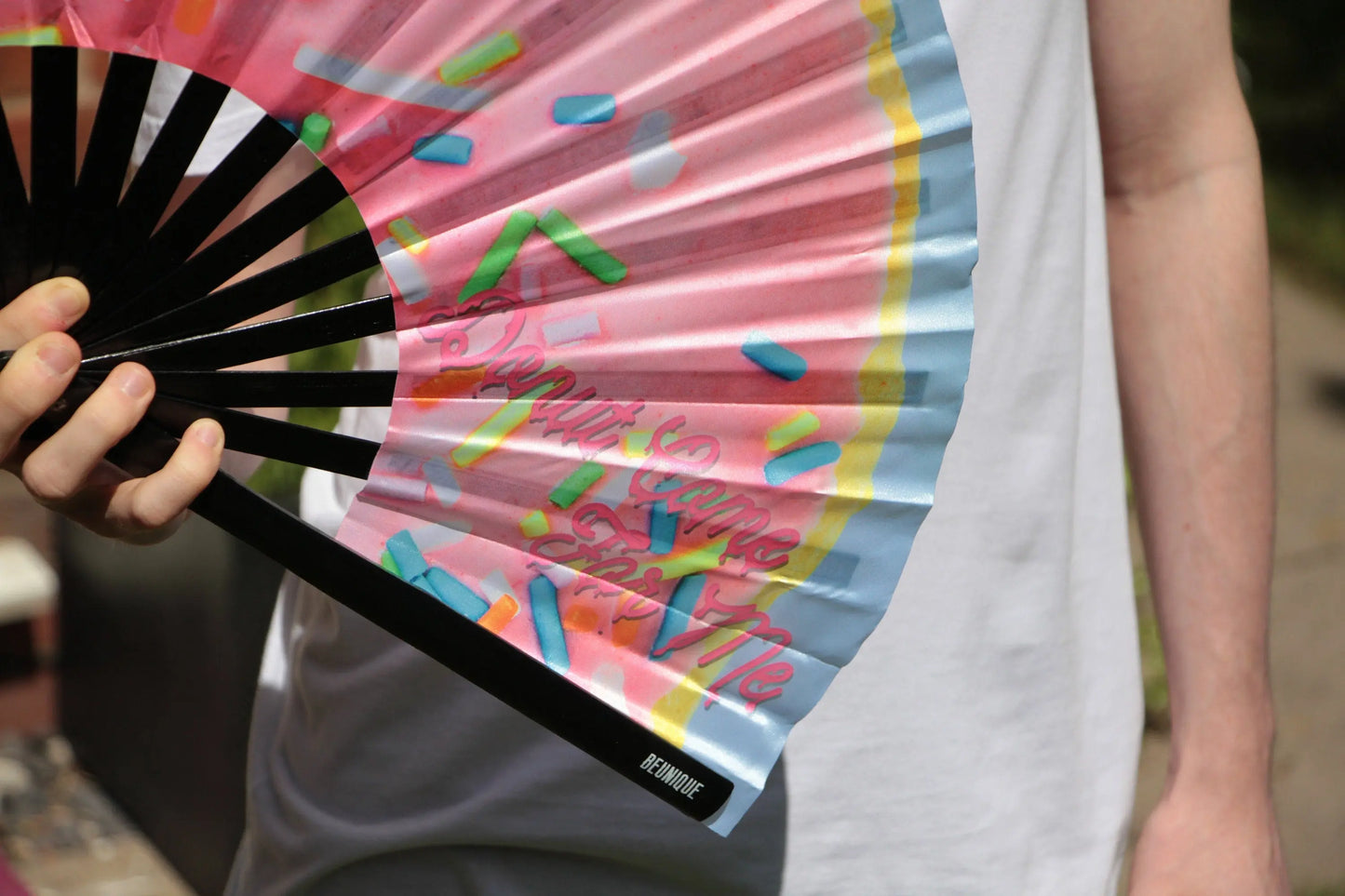 Clack Fan - Hand Fan LARGE | Ru Pauls drag race inspired Folding Fan UV Fabric Donut - perfect for dragcon UK Giant Hand fan Festival merch