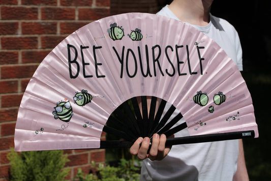 Hand Fan LARGE | Bumble Bee UV Fabric Hand Made - Rose Gold - Light Pink - Cute Bumble bee - Giant hand fan Manchester clack fan
