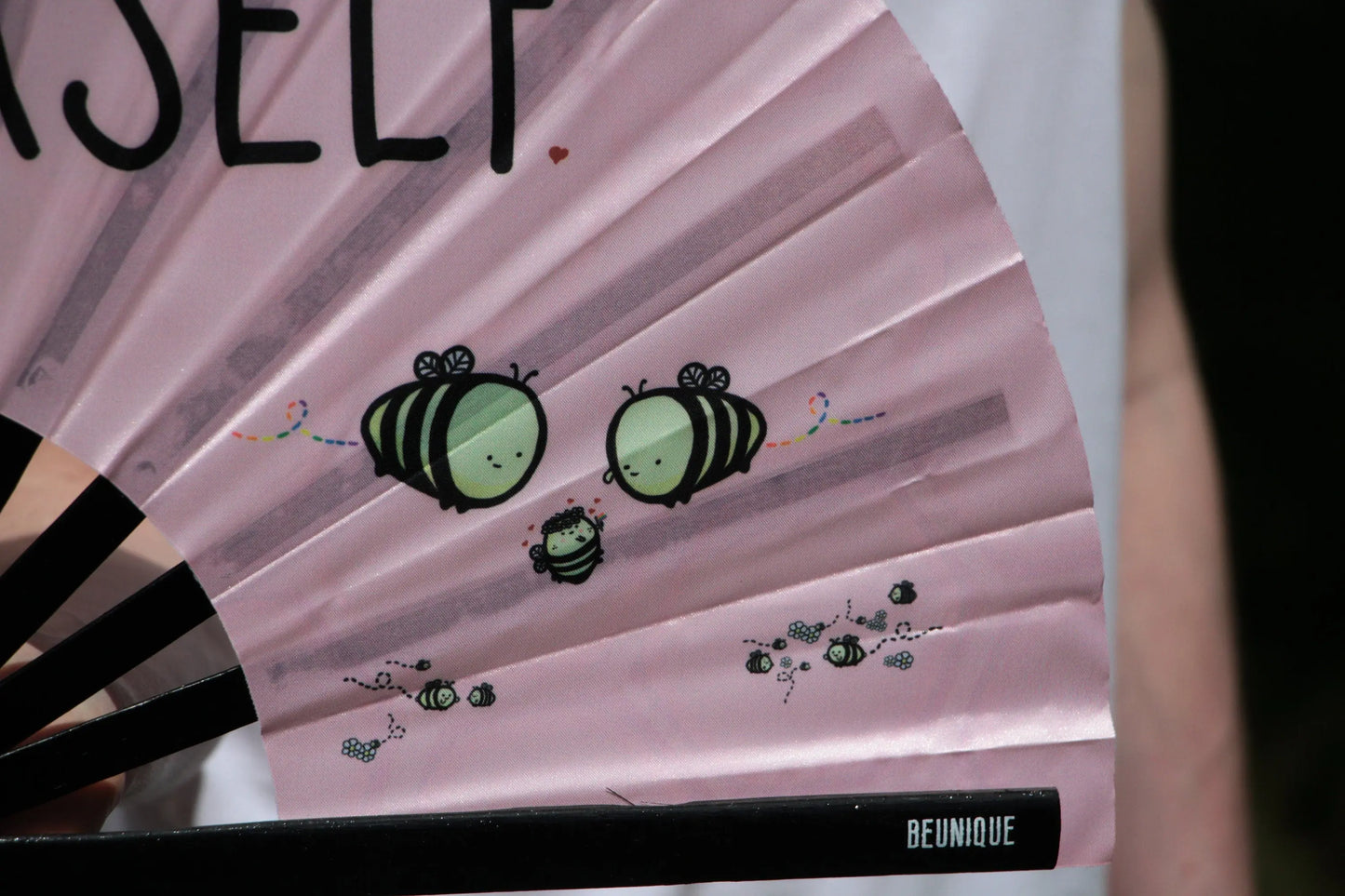 Hand Fan LARGE | Bumble Bee UV Fabric Hand Made - Rose Gold - Light Pink - Cute Bumble bee - Giant hand fan Manchester clack fan