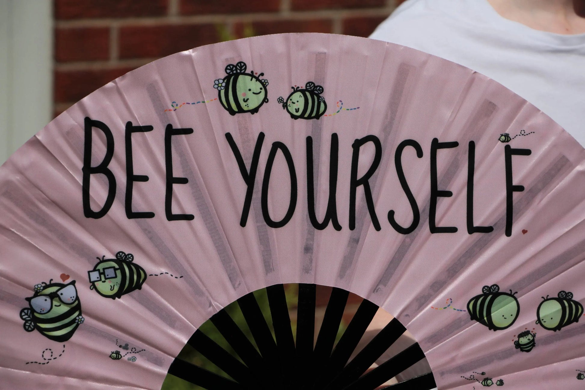 Hand Fan LARGE | Bumble Bee UV Fabric Hand Made - Rose Gold - Light Pink - Cute Bumble bee - Giant hand fan Manchester clack fan