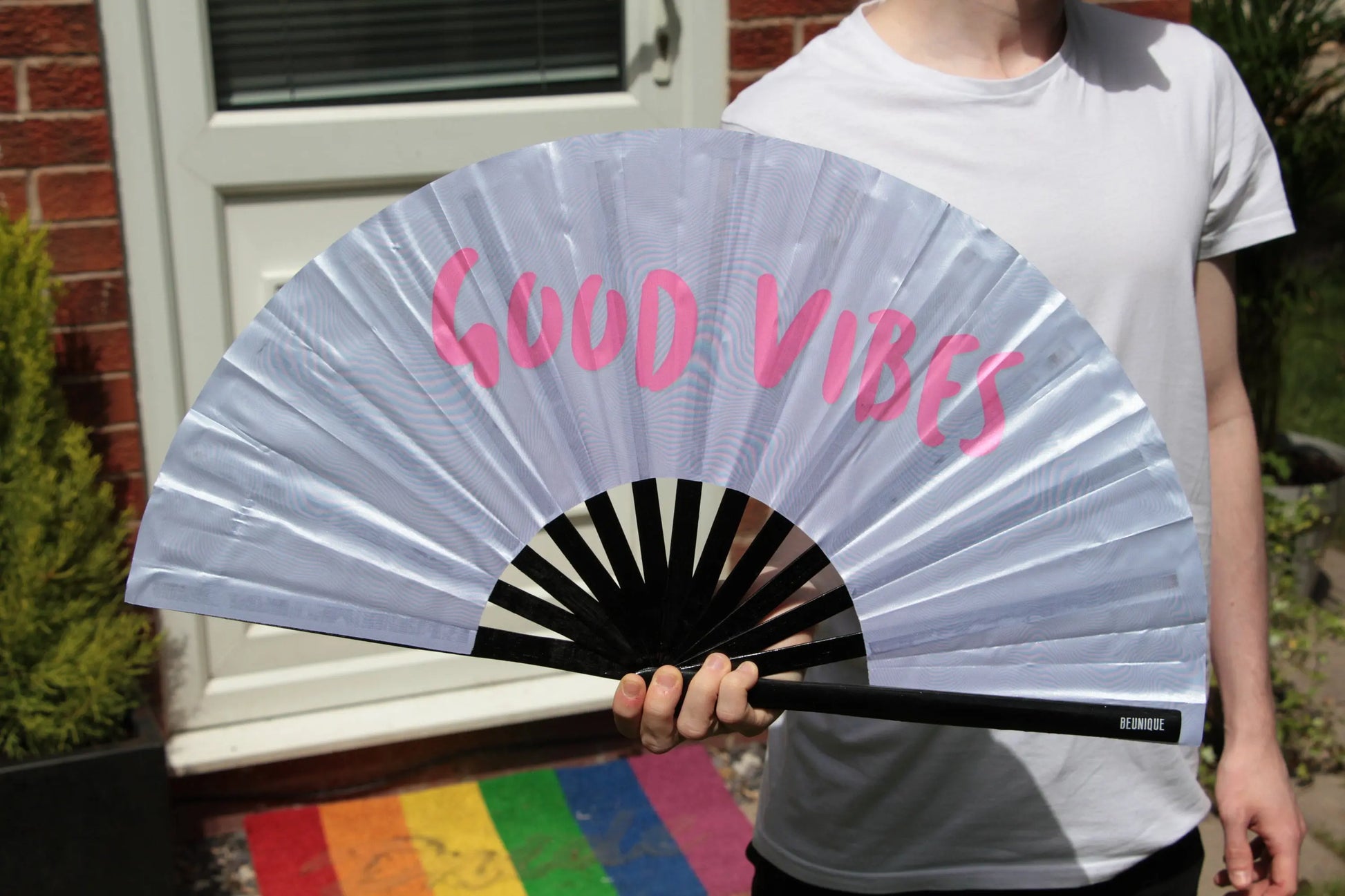 Clack Fan - HAND FAN Large 25" Holographic Good Vibes - ibiza Holiday Neon Dragcon rpdr drag queen - Festival Merch - heat wave keep cool