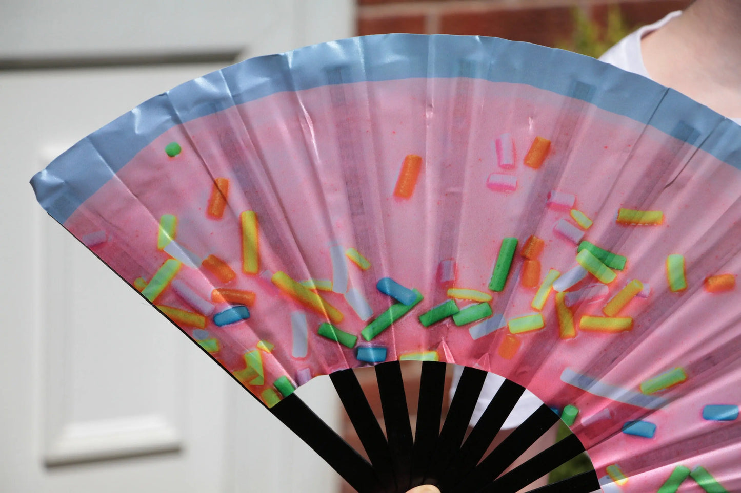 Clack Fan - Hand Fan LARGE | Ru Pauls drag race inspired Folding Fan UV Fabric Donut - perfect for dragcon UK Giant Hand fan Festival merch