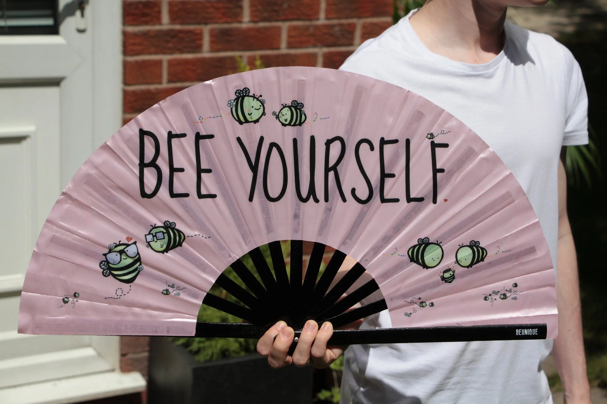 Hand Fan LARGE | Bumble Bee UV Fabric Hand Made - Rose Gold - Light Pink - Cute Bumble bee - Giant hand fan Manchester clack fan