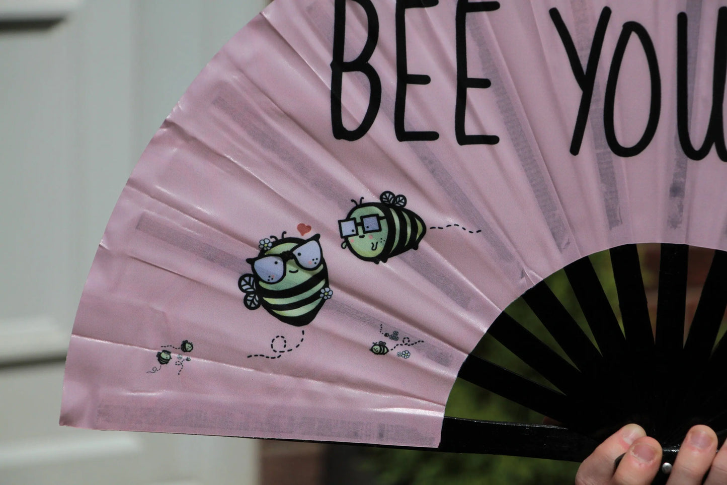 Hand Fan LARGE | Bumble Bee UV Fabric Hand Made - Rose Gold - Light Pink - Cute Bumble bee - Giant hand fan Manchester clack fan