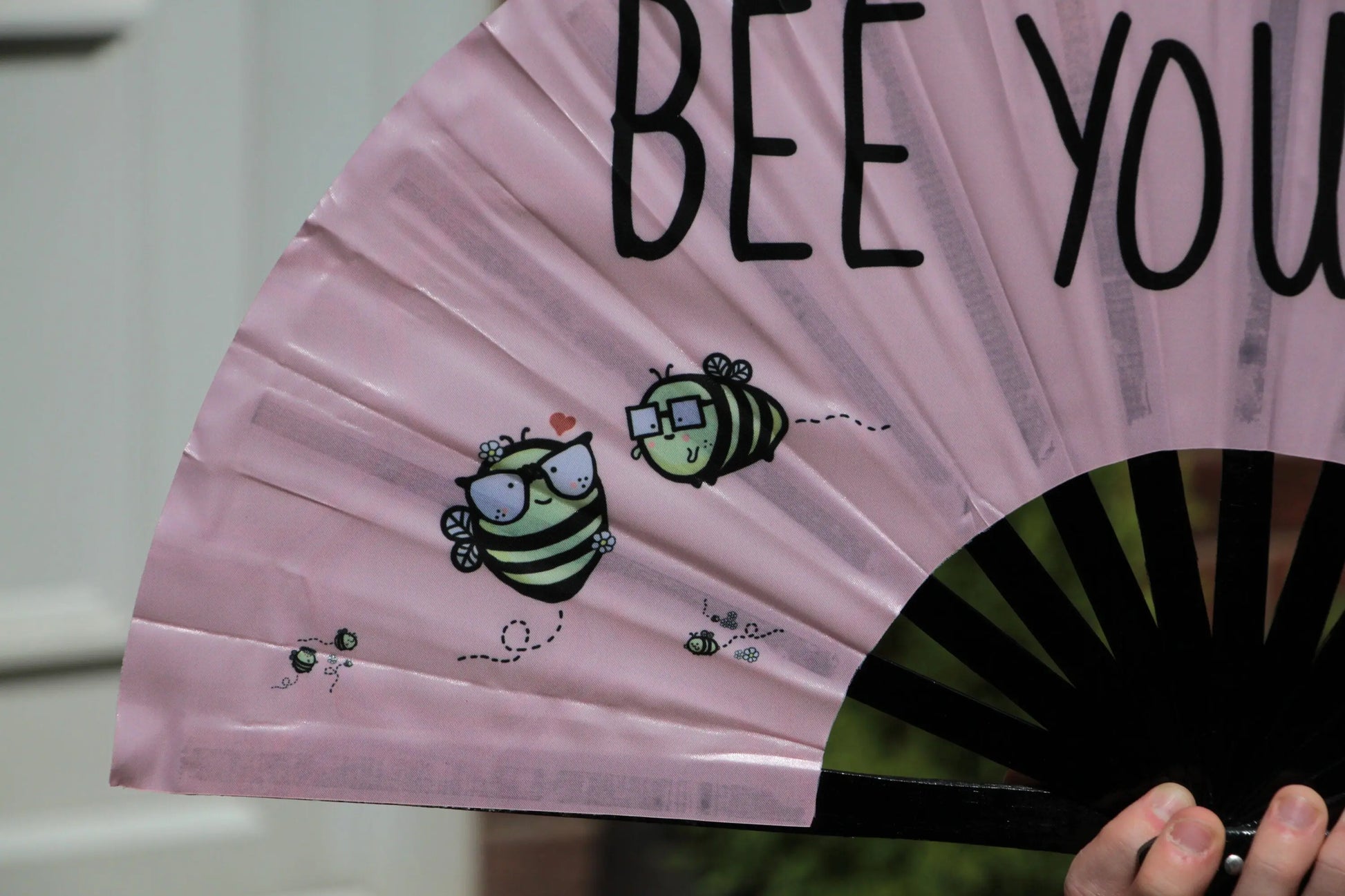 Hand Fan LARGE | Bumble Bee UV Fabric Hand Made - Rose Gold - Light Pink - Cute Bumble bee - Giant hand fan Manchester clack fan