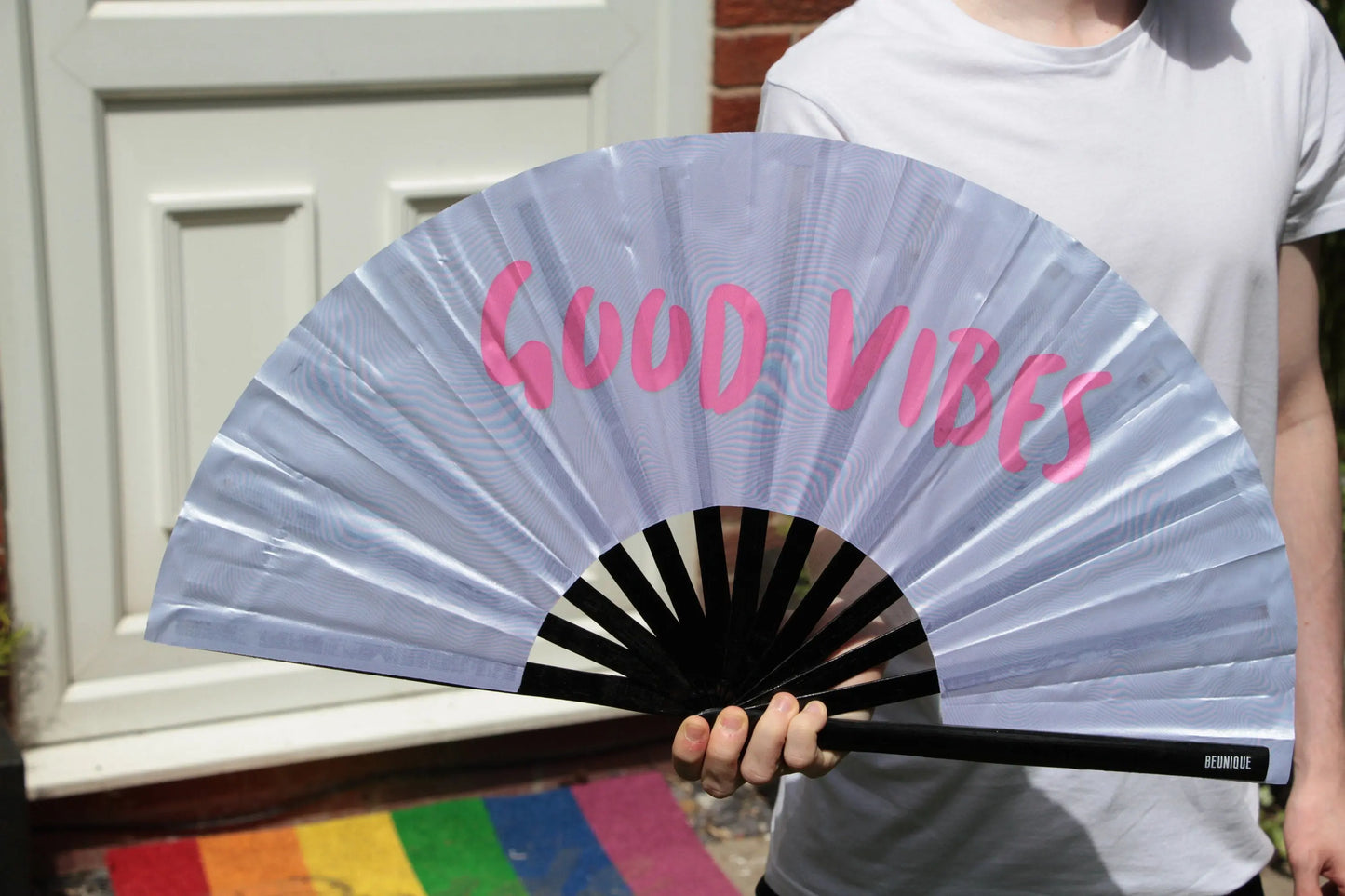 Clack Fan - HAND FAN Large 25" Holographic Good Vibes - ibiza Holiday Neon Dragcon rpdr drag queen - Festival Merch - heat wave keep cool