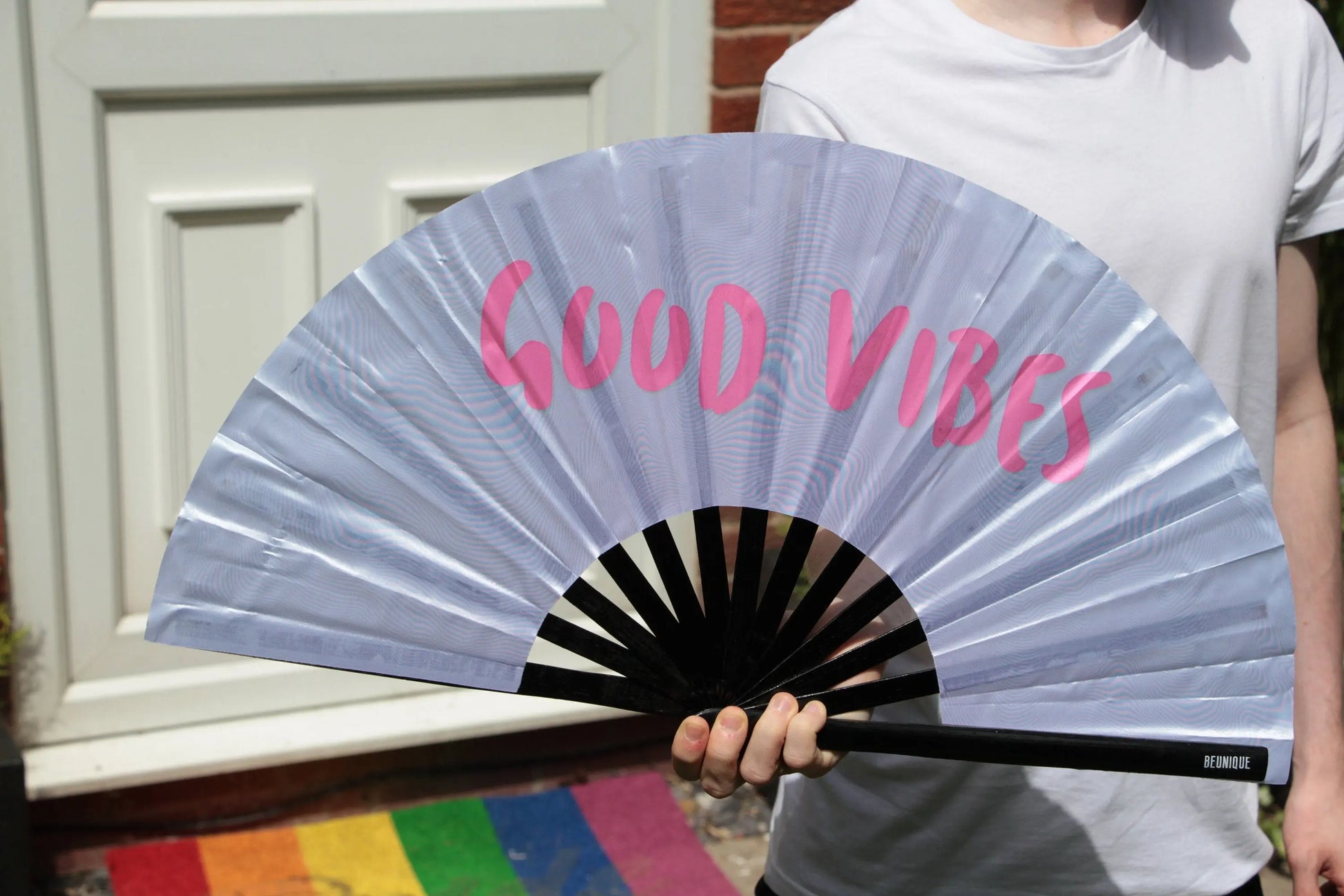 Clack Fan - HAND FAN Large 25" Holographic Good Vibes - ibiza Holiday Neon Dragcon rpdr drag queen - Festival Merch - heat wave keep cool