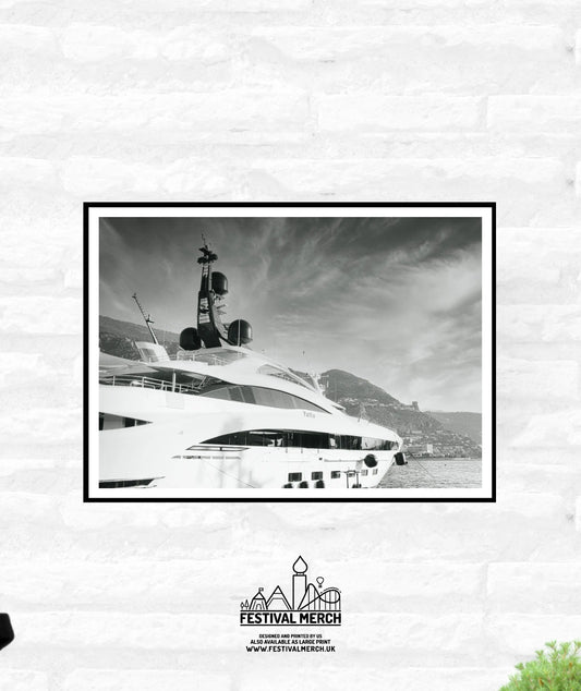 Monaco Harbour Print - Super Yacht - Monaco Poster - Black and White - Living room office home decor - A4 A3 A2 - Festival Merch