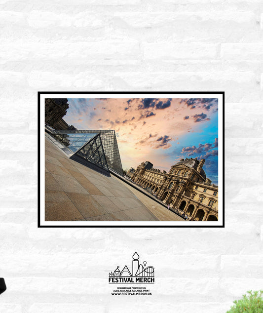 The Louvre Paris Travel Print - Night Sky Eiffle Tower France at night -  Office Home Decor - A4 A3 A2 - Festival Merch