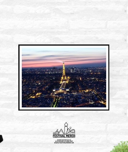 Paris Travel Print - City Skyline Eiffle Tower at night France Sunset  -  Office Home Decor - A4 A3 A2 - Festival Merch
