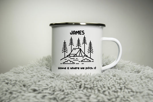 Personalised Camping Mug - Home is where we pitch it 12oz Camping Mug Enamel Glamping Travel Gift Adventure Outdoors explore gift mom dad