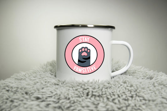 Stay Pawsitive -  12oz Camping Mug - cute mug cat cup cat lover Road trip mug