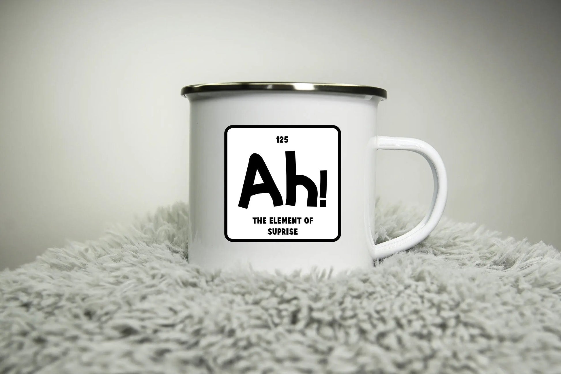 Ah! The element of surprise - 12oz Camping Mug - nerd geek science fun funny camp Road trip mug
