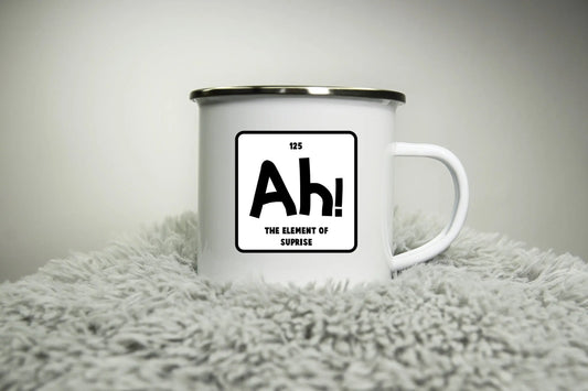 Ah! The element of surprise - 12oz Camping Mug - nerd geek science fun funny camp Road trip mug