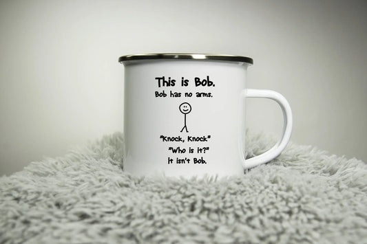 Knock Knock Joke - This is Bob - Funny stick man cup - 12oz Camping Mug - nerd geek fun funny knock knock mug Road trip mug