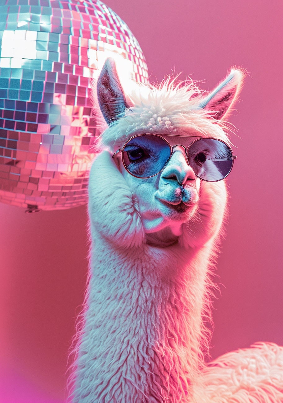 Funny Animal Wall Art Pink party Llama disco Llama with glasses - A4 A3 A2 - Festival Merch