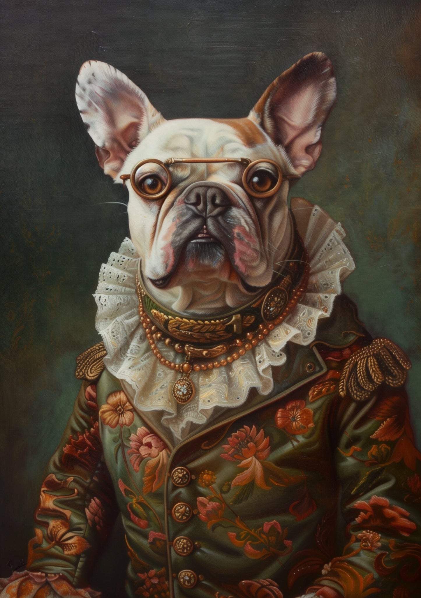 Pet Portrait French Bull Dog Oil painting Vintage Funny Animal Wall Art Regal Renaissance Human outfit cloths - A4 A3 A2 - Festival Merch