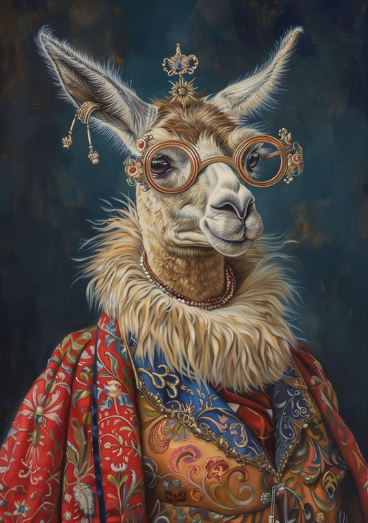 Premium Llama Pet Portrait Oil painting Vintage Funny Animal Wall Art Regal Renaissance Human outfit cloths - A4 A3 A2 - Festival Merch