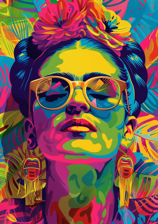 Frida Khalo Colourful Portrait Wall Art Print Famous Faces Celebrity - A4 A3 A2 - Festival Merch
