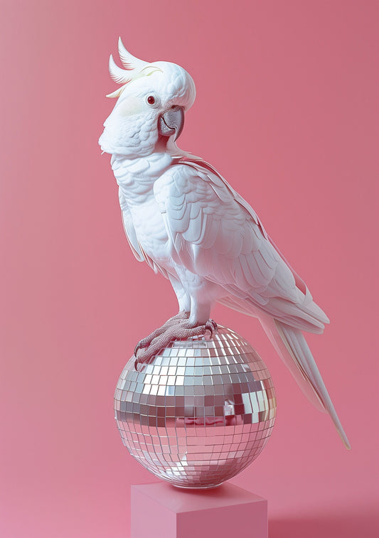 Funny Animal Wall Art Pink White parrot on disco ball party animal - A4 A3 A2 - Festival Merch