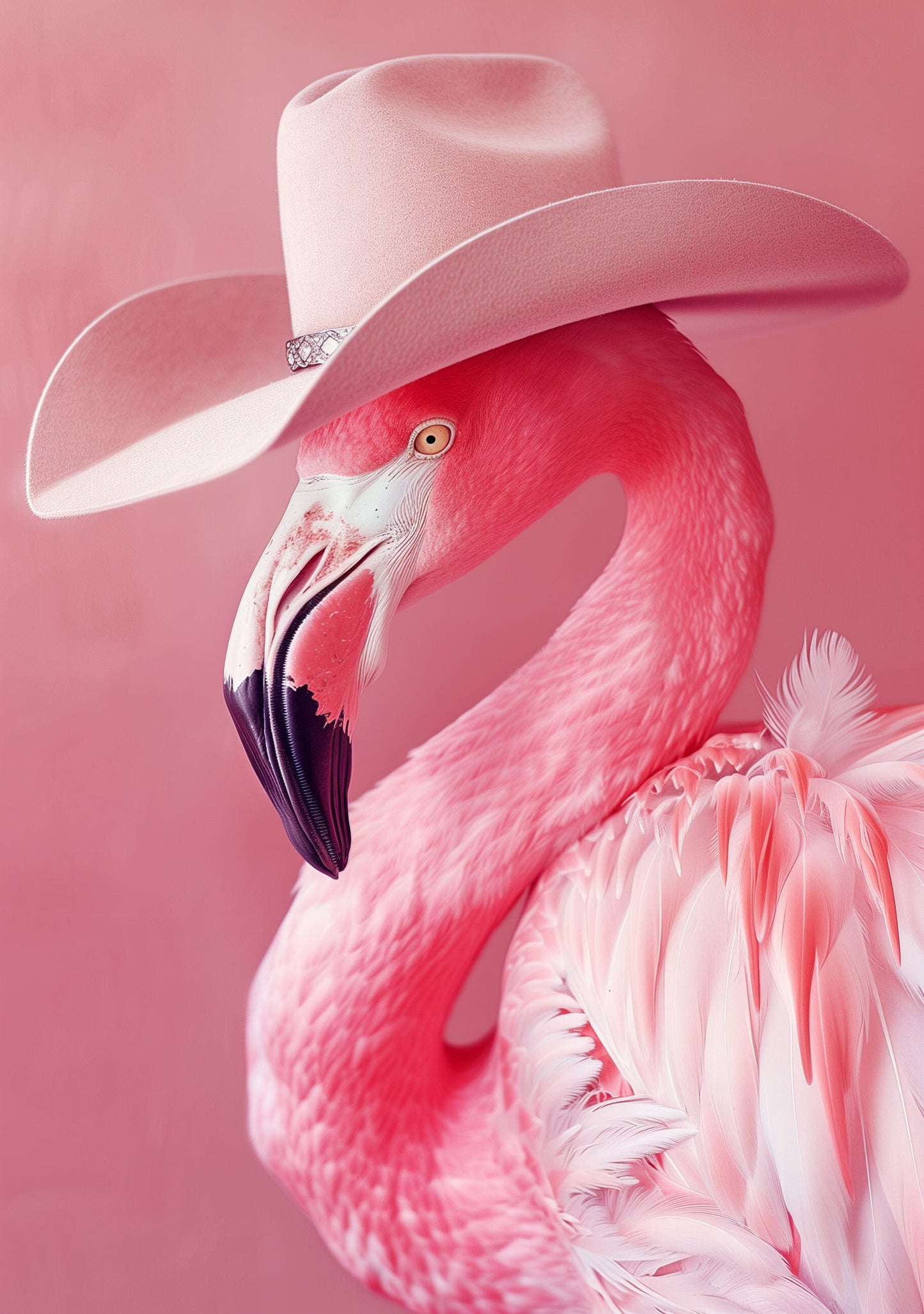 Funny Animal Wall Art Pink Flamingo wearing cowboy hat cowgirl hat Tropical - A4 A3 A2 - Festival Merch