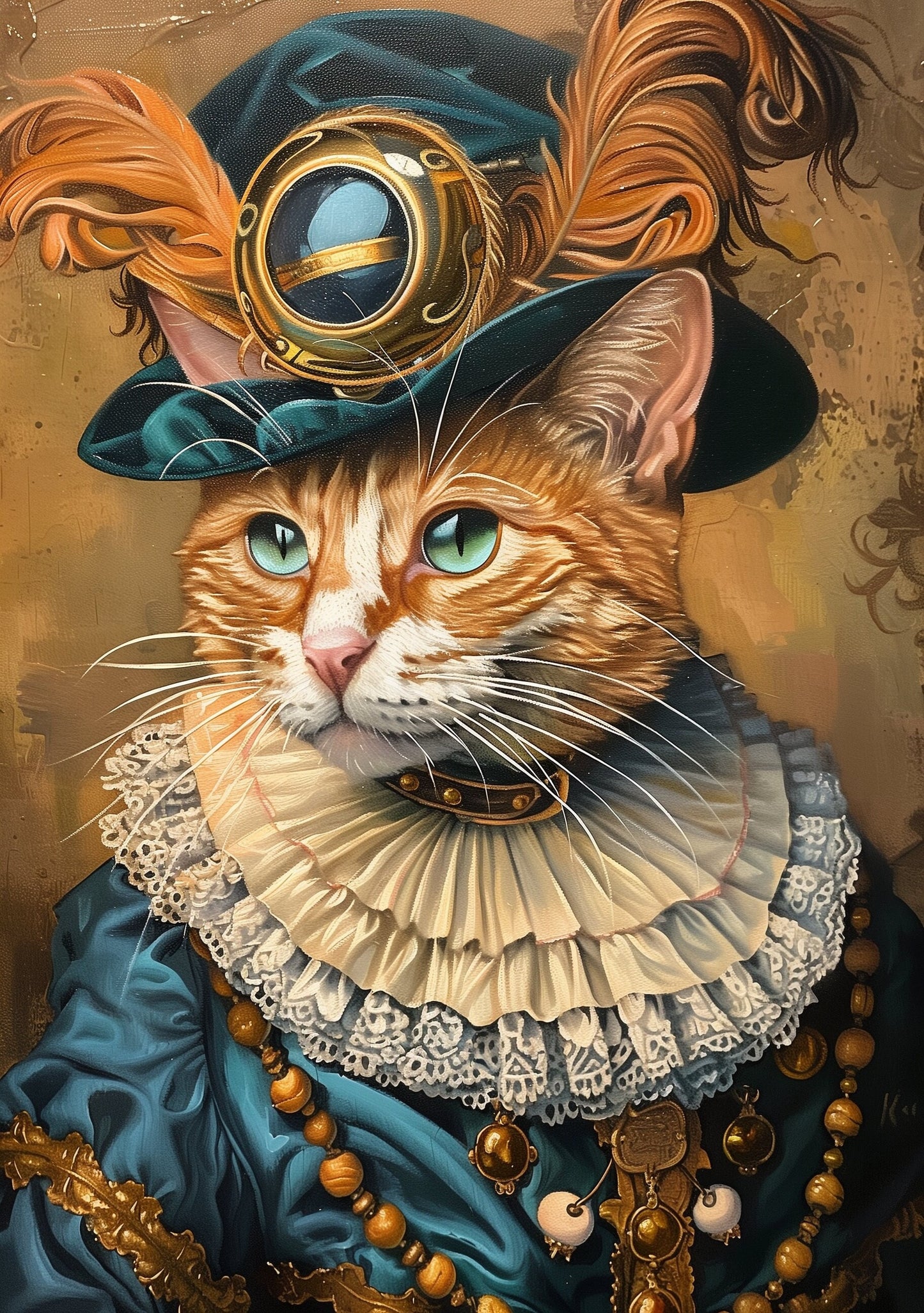 Premium Pet Portrait Cat Oil painting Vintage Funny Animal Wall Art Regal Renaissance Human outfit cloths - A4 A3 A2 - Festival Merch