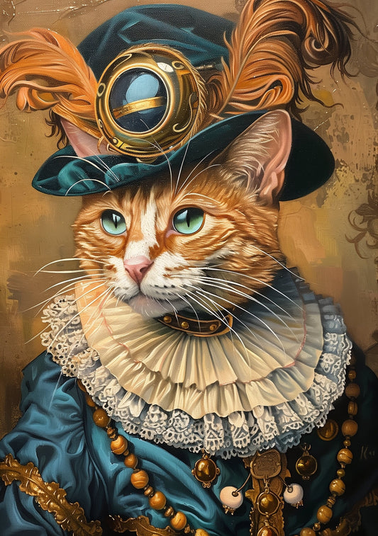Premium Pet Portrait Cat Oil painting Vintage Funny Animal Wall Art Regal Renaissance Human outfit cloths - A4 A3 A2 - Festival Merch