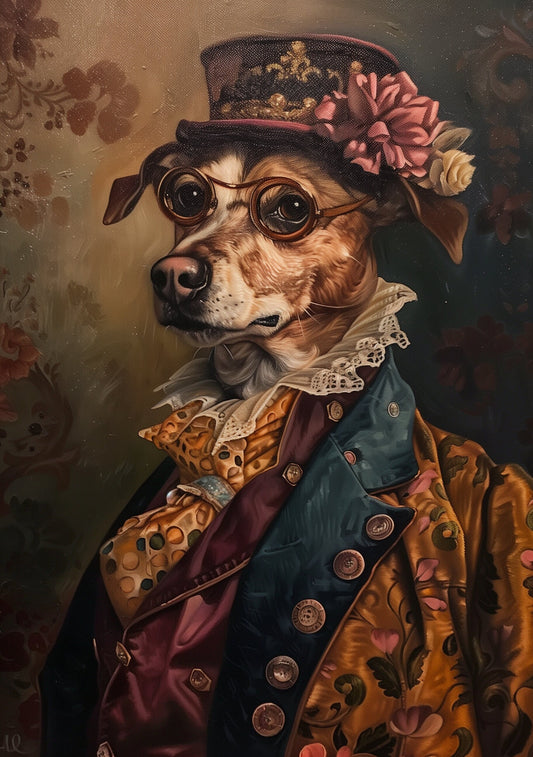 Premium Pet Portrait Oil Dog painting Vintage Funny Animal Wall Art Regal Renaissance Human outfit cloths - A4 A3 A2 - Festival Merch