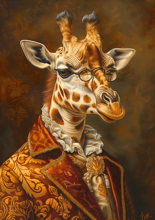 Premium Giraffe Pet Portrait Oil painting Vintage Funny Animal Wall Art Regal Renaissance Human outfit cloths - A4 A3 A2 - Festival Merch