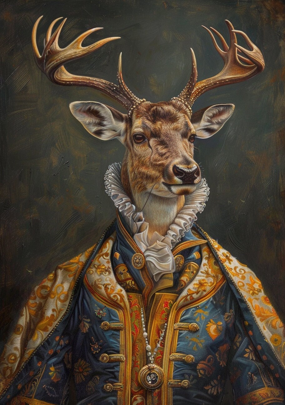 Premium Stag Pet Portrait Oil painting Vintage Funny Animal Wall Art Regal Renaissance Human outfit Deer antler - A4 A3 A2 - Festival Merch