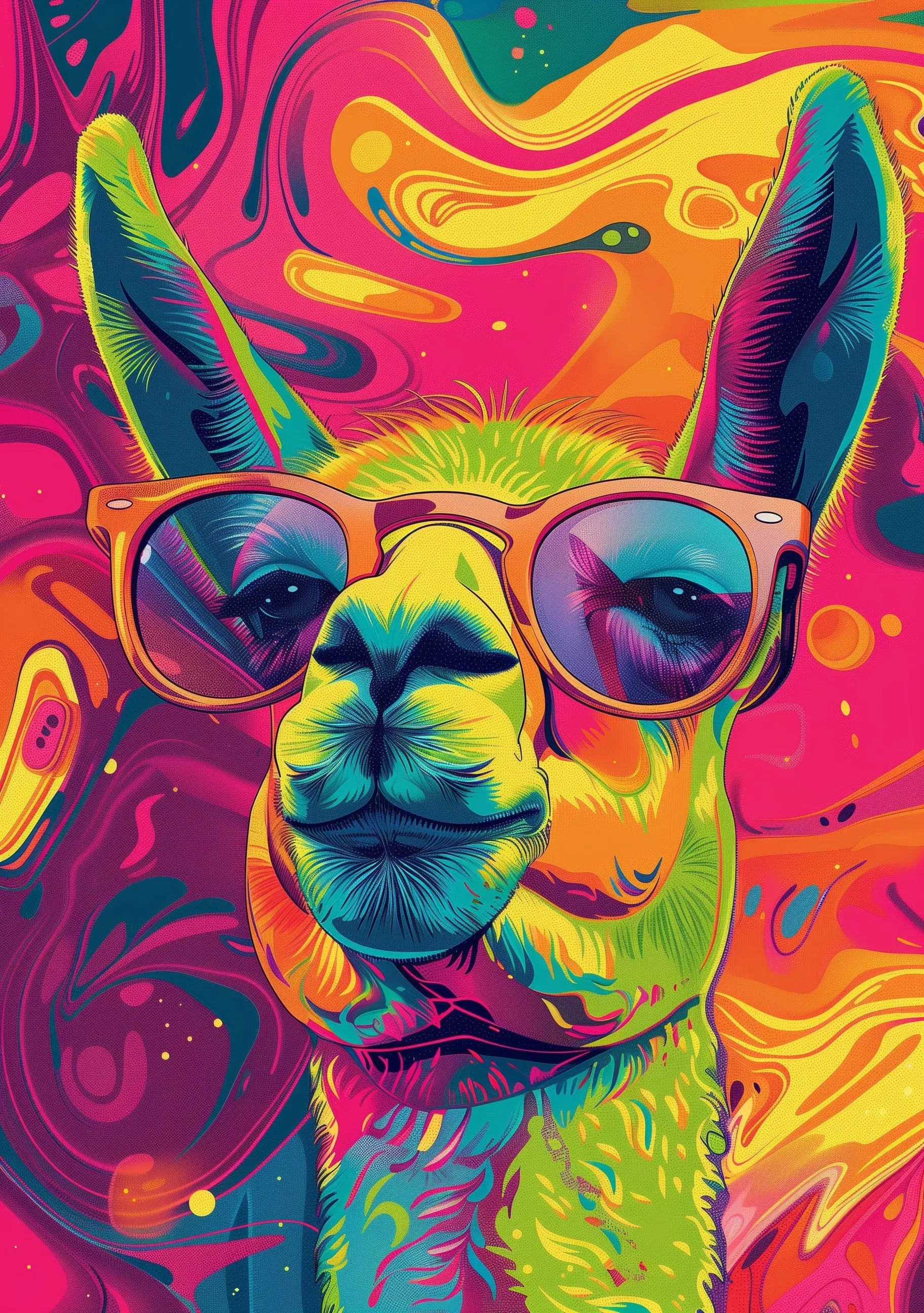 Llama Portrait Colourful Animal Wall Art Print - A4 A3 A2 - Festival Merch