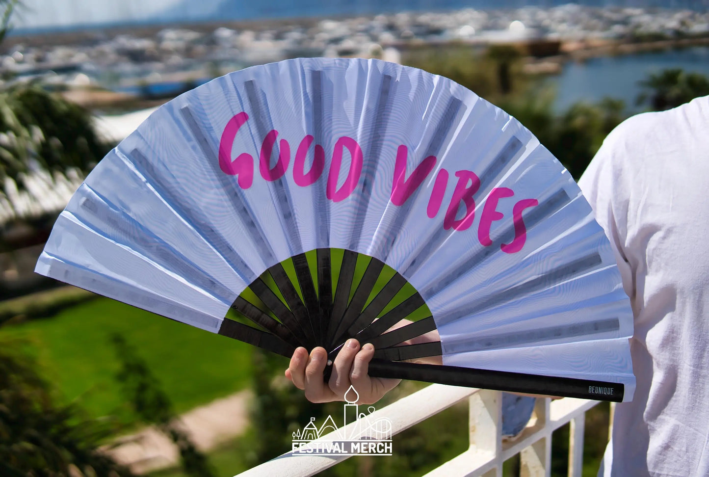 Clack Fan - HAND FAN Large 25" Holographic Good Vibes - ibiza Holiday Neon Dragcon rpdr drag queen - Festival Merch - heat wave keep cool