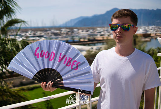 Clack Fan - HAND FAN Large 25"  Holographic Good Vibes - ibiza Holiday Neon Dragcon rpdr drag queen  - Festival Merch - heat wave keep cool