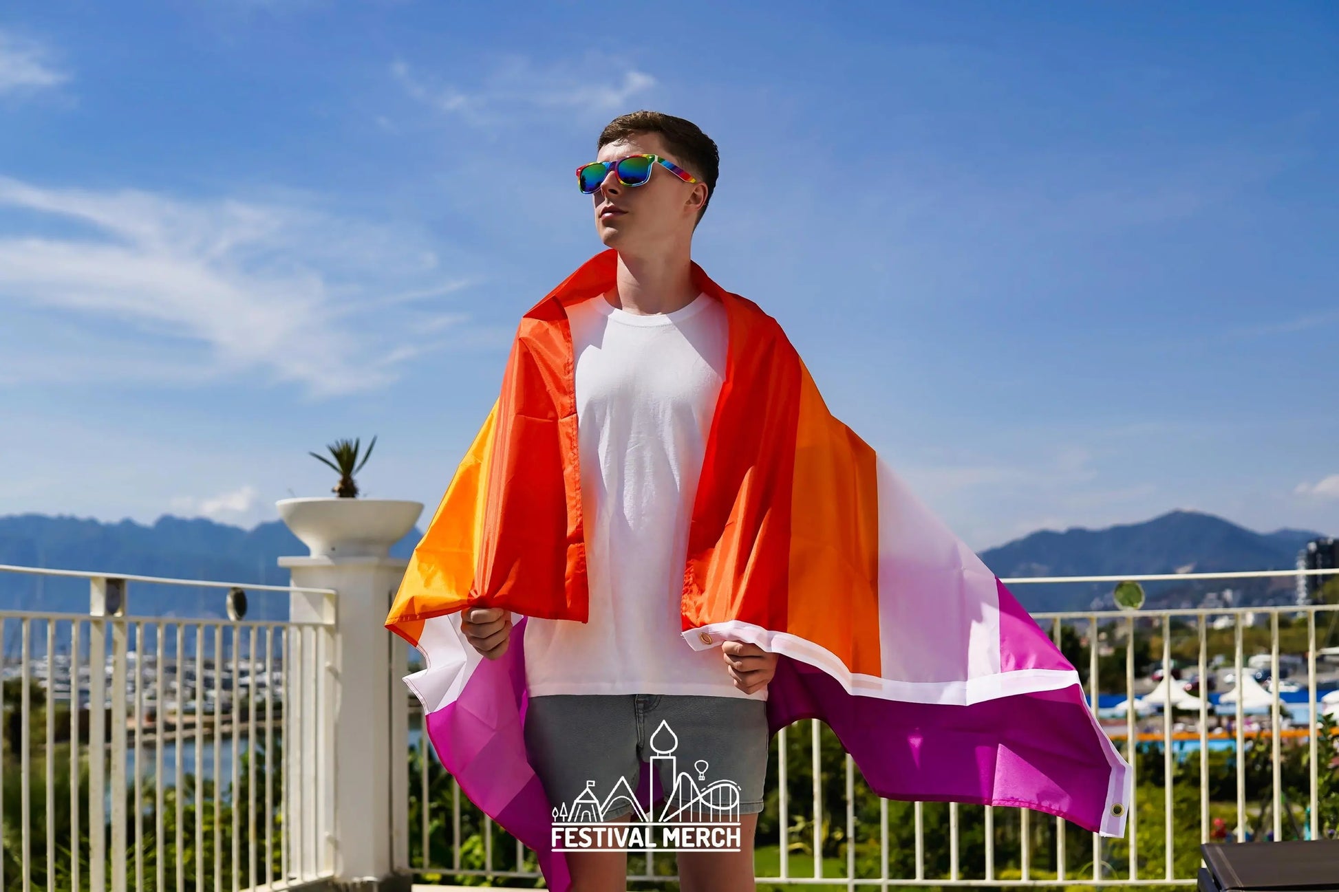 Lesbian Flag Large LGBT - 5ft by 3FT Pride Gay Lesbian Bi Trans Rainbow parade music festival party - Festival Merch