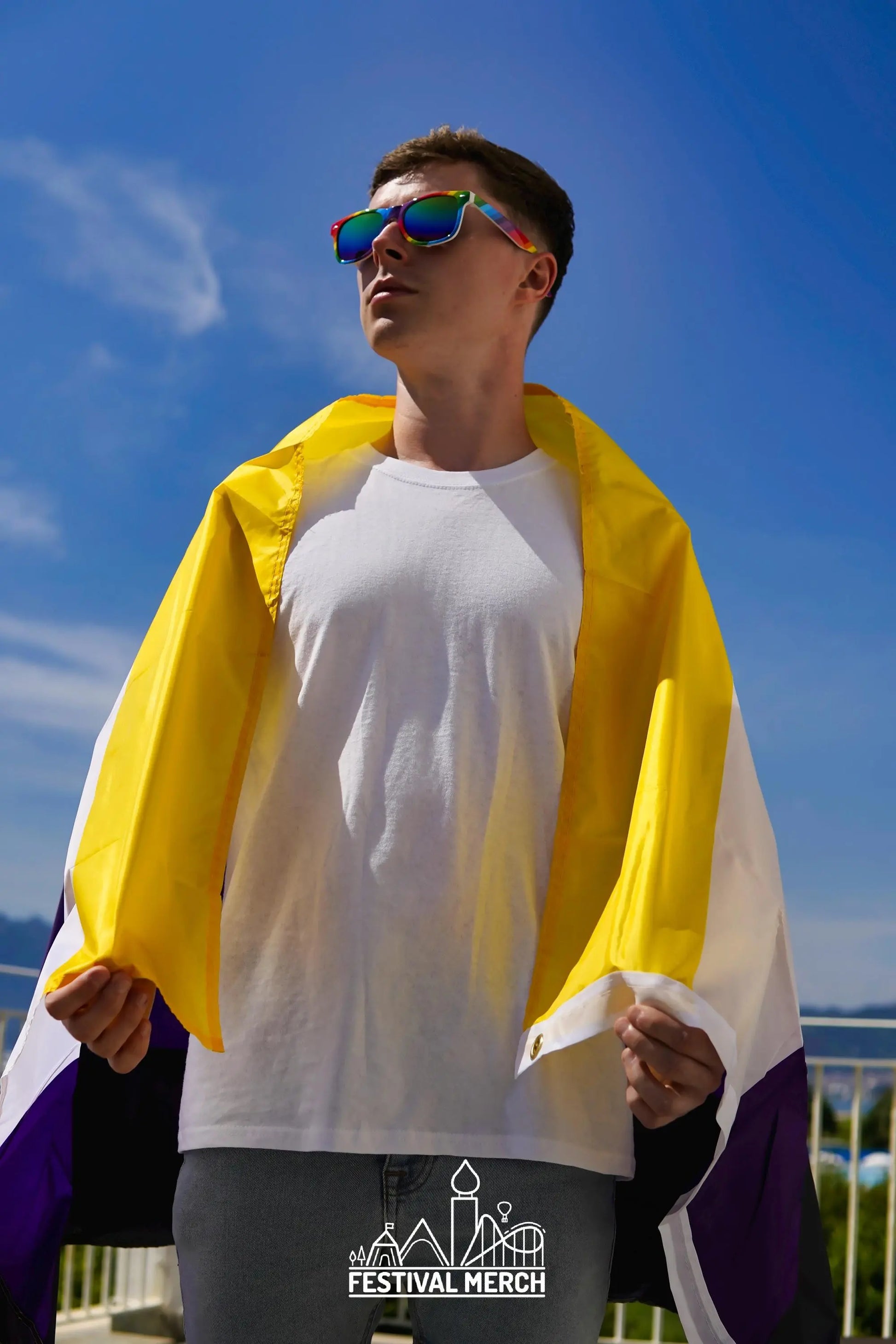 Non Binary Flag Large LGBT - 5ft by 3FT Pride Gay Lesbian Bi Trans Rainbow parade music festival party - Festival Merch